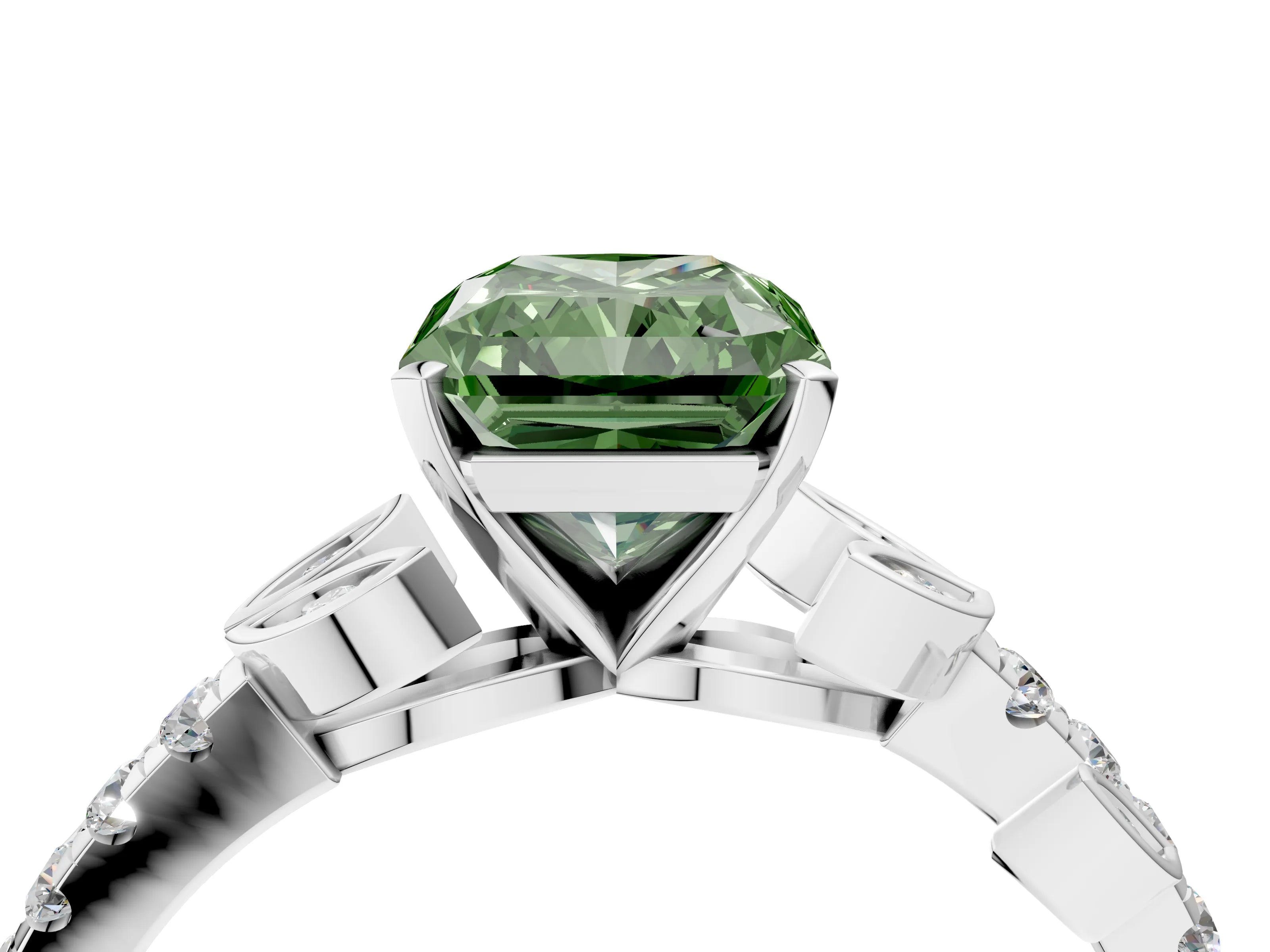 White gold Fancy Green Radiant Cut Solitaire Leaf-Inspired Diamond Ring with Pavé Band and Four-Prong Setting_28