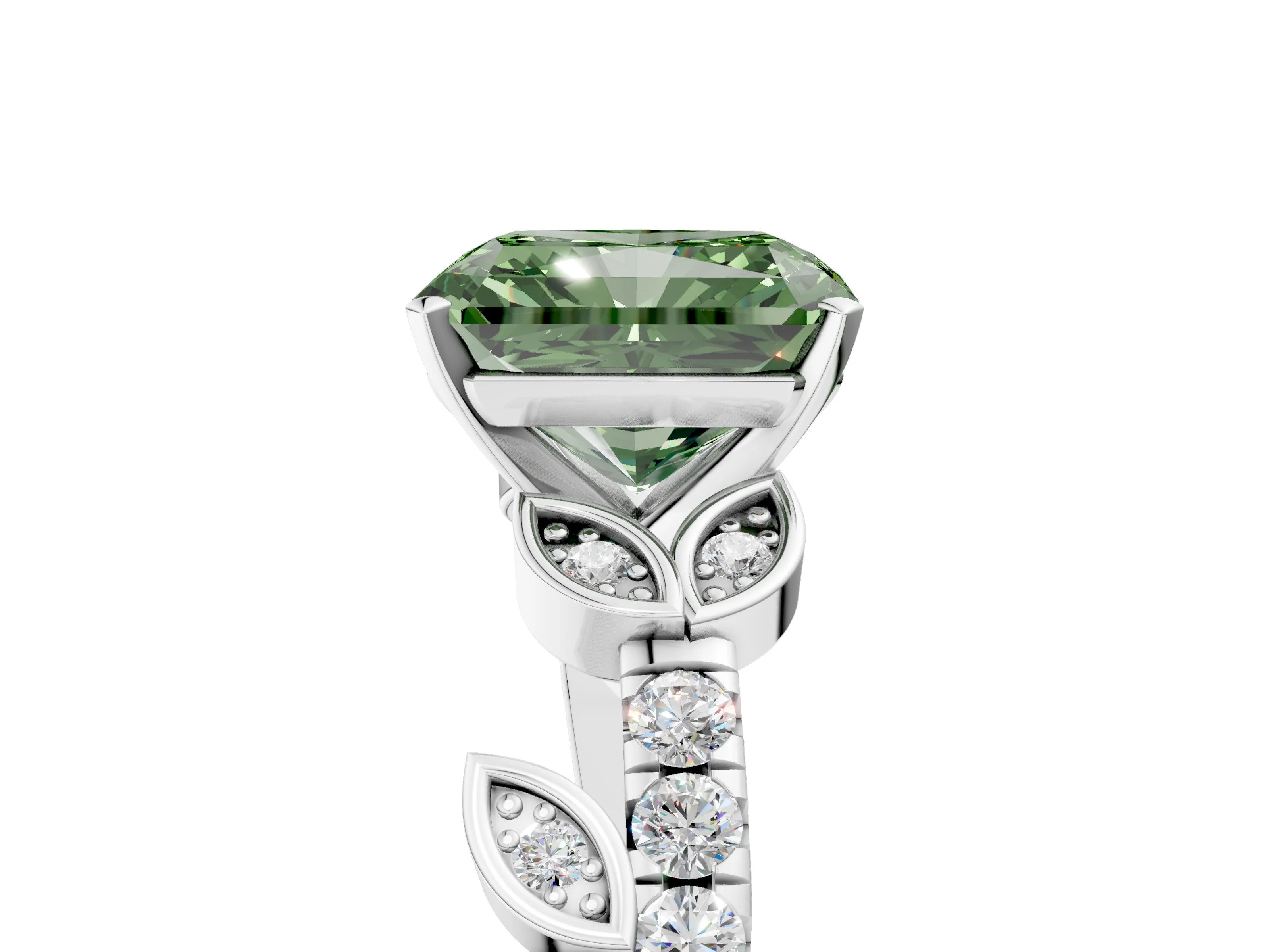 White gold Fancy Green Radiant Cut Solitaire Leaf-Inspired Diamond Ring with Pavé Band and Four-Prong Setting_29