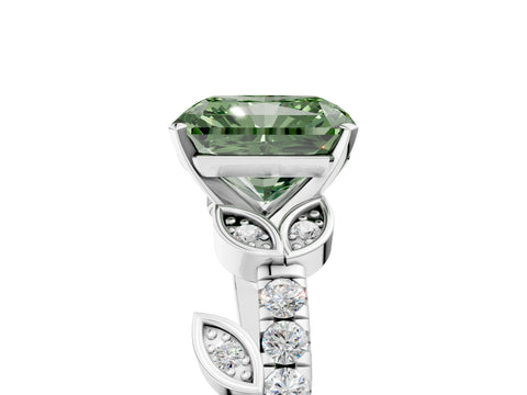 White gold Fancy Green Radiant Cut Solitaire Leaf-Inspired Diamond Ring with Pavé Band and Four-Prong Setting_29
