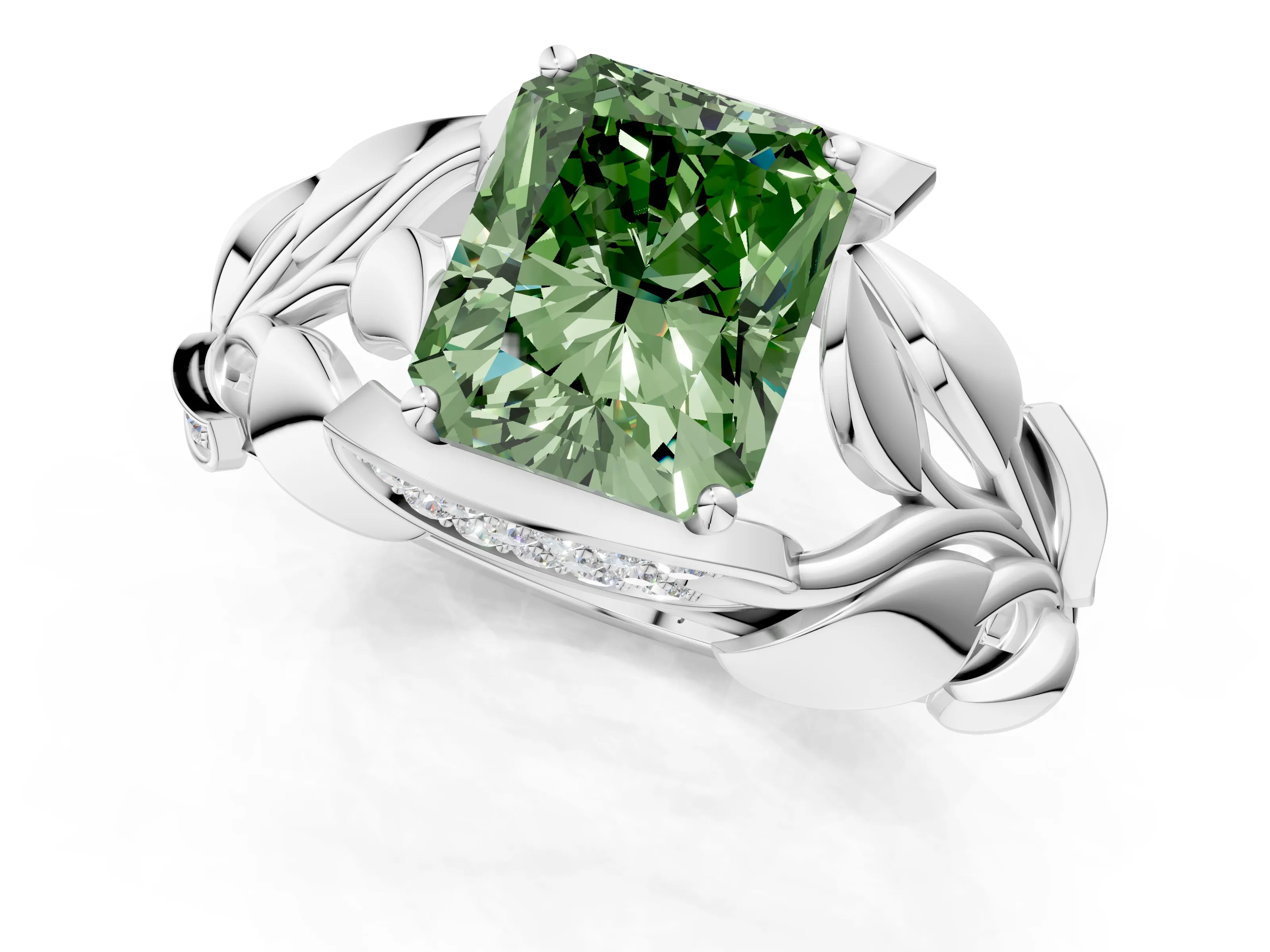 White gold Fancy Green Radiant Cut Solitaire Leaf-Inspired Engagement Ring with Prong Setting_1