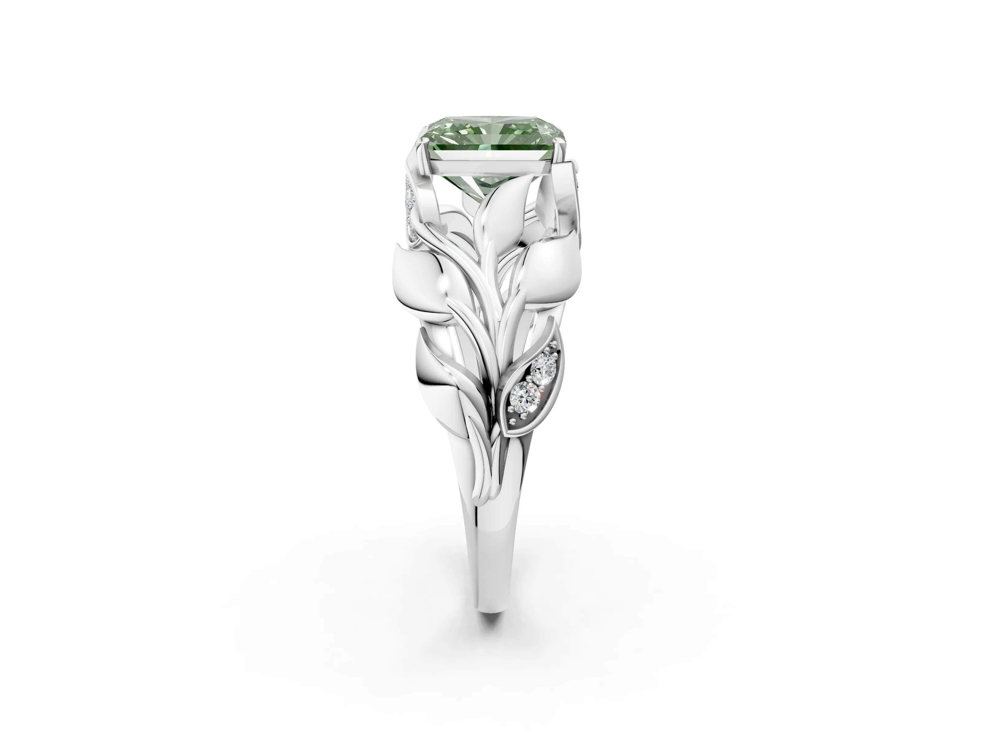 White gold Fancy Green Radiant Cut Solitaire Leaf-Inspired Engagement Ring with Prong Setting_2
