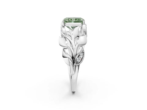 White gold Fancy Green Radiant Cut Solitaire Leaf-Inspired Engagement Ring with Prong Setting_2