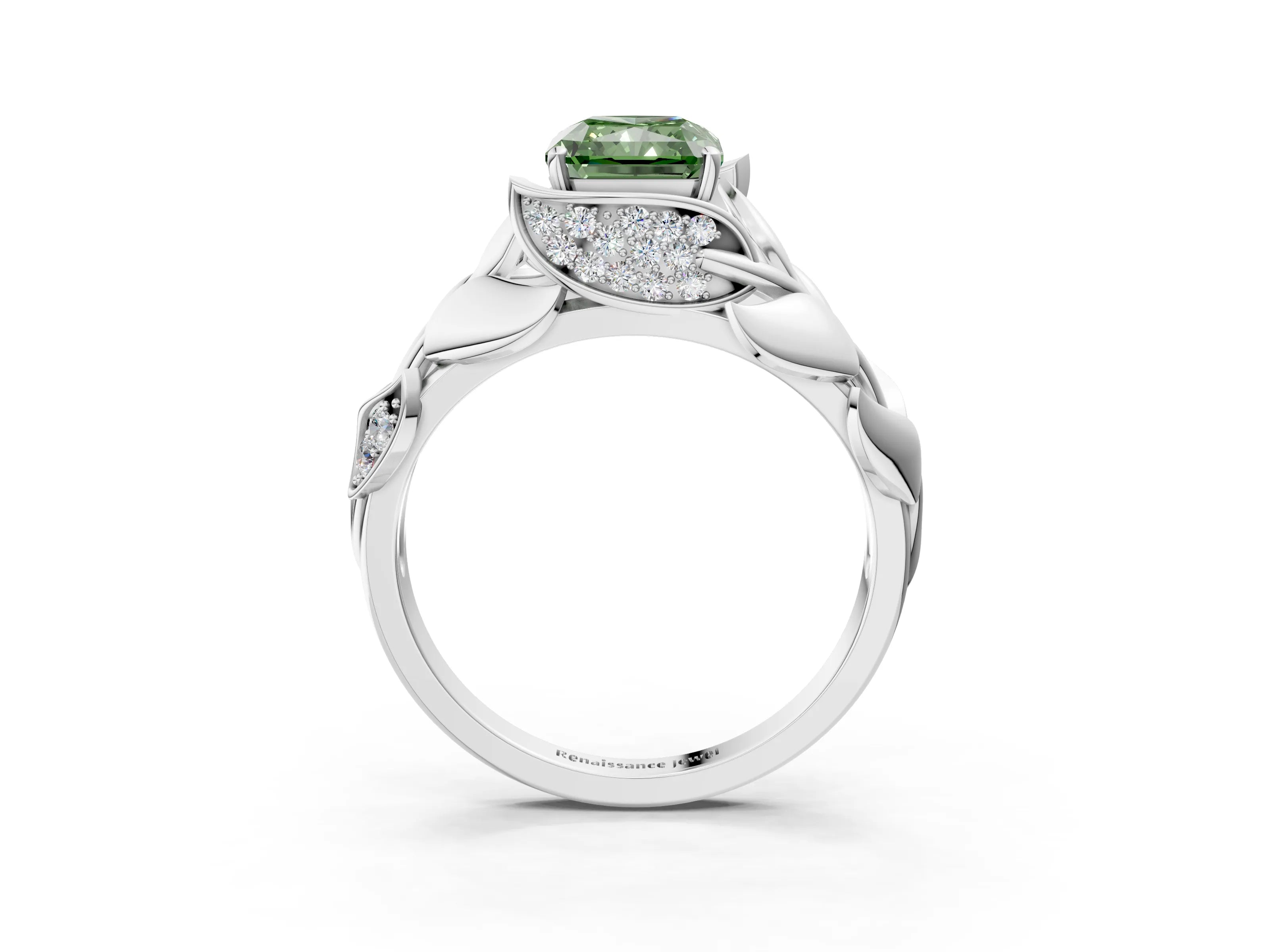 White gold Fancy Green Radiant Cut Solitaire Leaf-Inspired Engagement Ring with Prong Setting_3