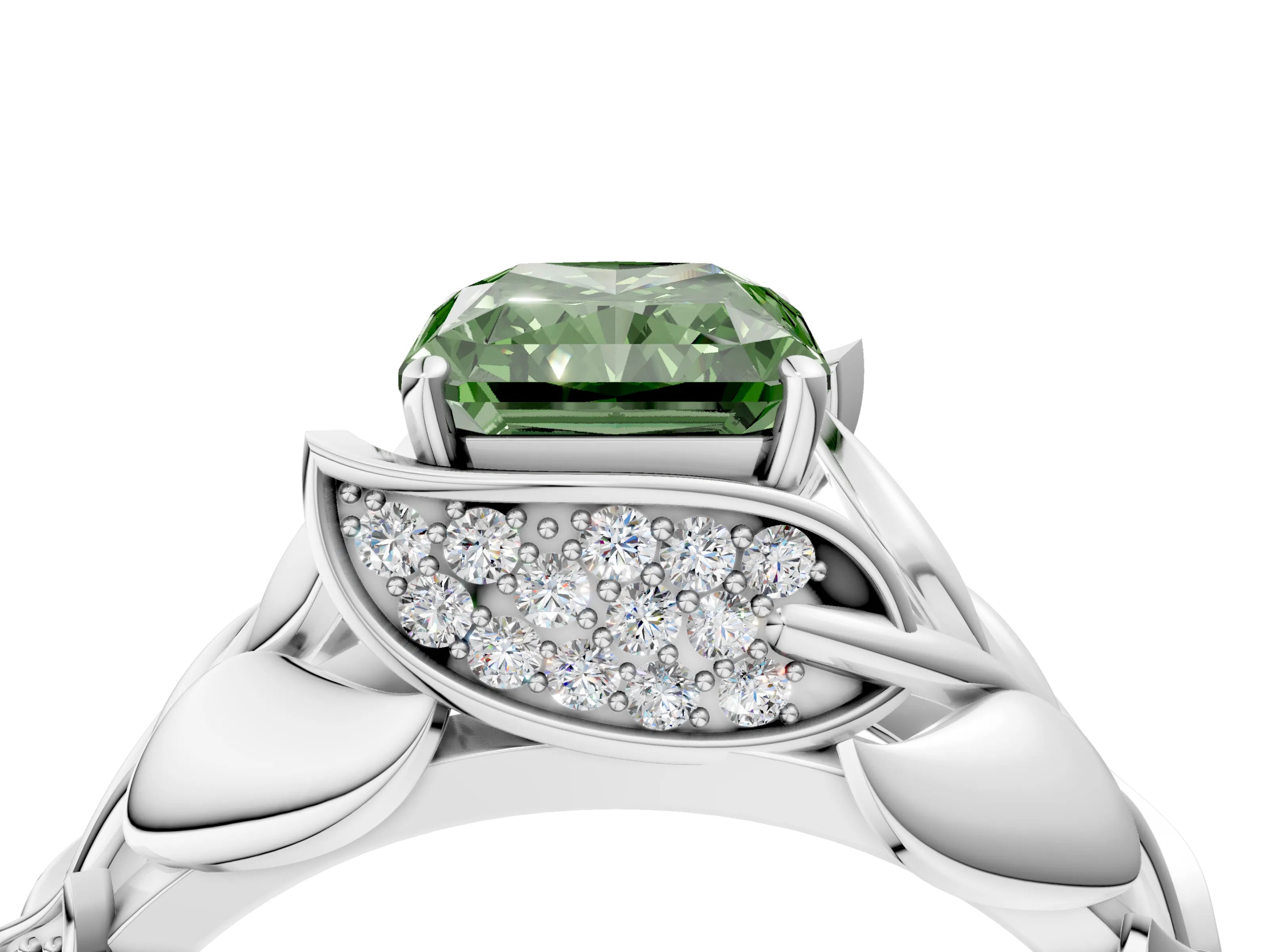 White gold Fancy Green Radiant Cut Solitaire Leaf-Inspired Engagement Ring with Prong Setting_4