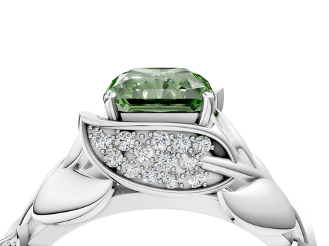 White gold Fancy Green Radiant Cut Solitaire Leaf-Inspired Engagement Ring with Prong Setting_4