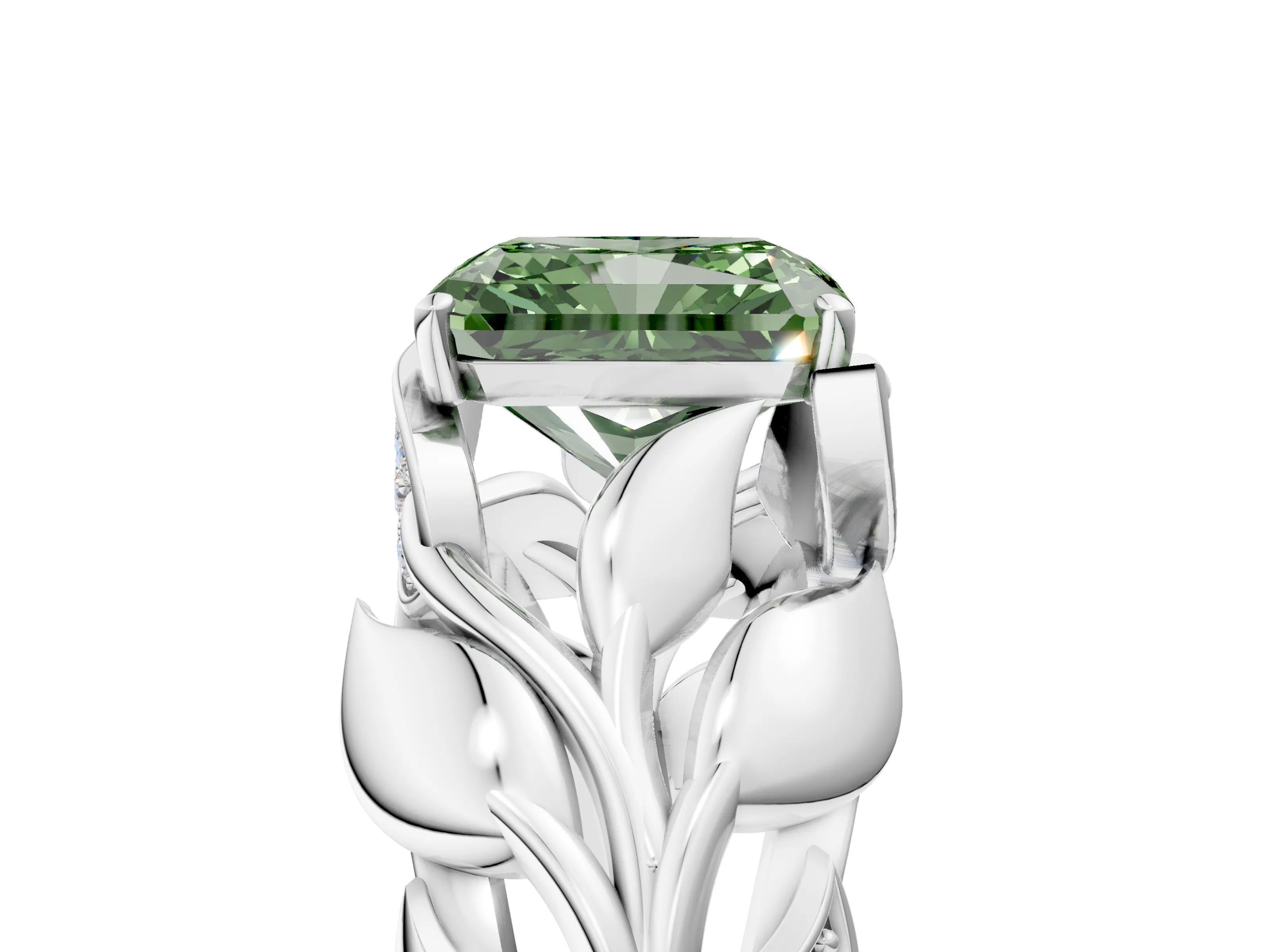 White gold Fancy Green Radiant Cut Solitaire Leaf-Inspired Engagement Ring with Prong Setting_5