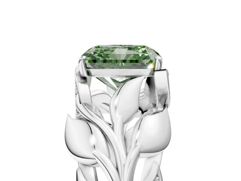 White gold Fancy Green Radiant Cut Solitaire Leaf-Inspired Engagement Ring with Prong Setting_5