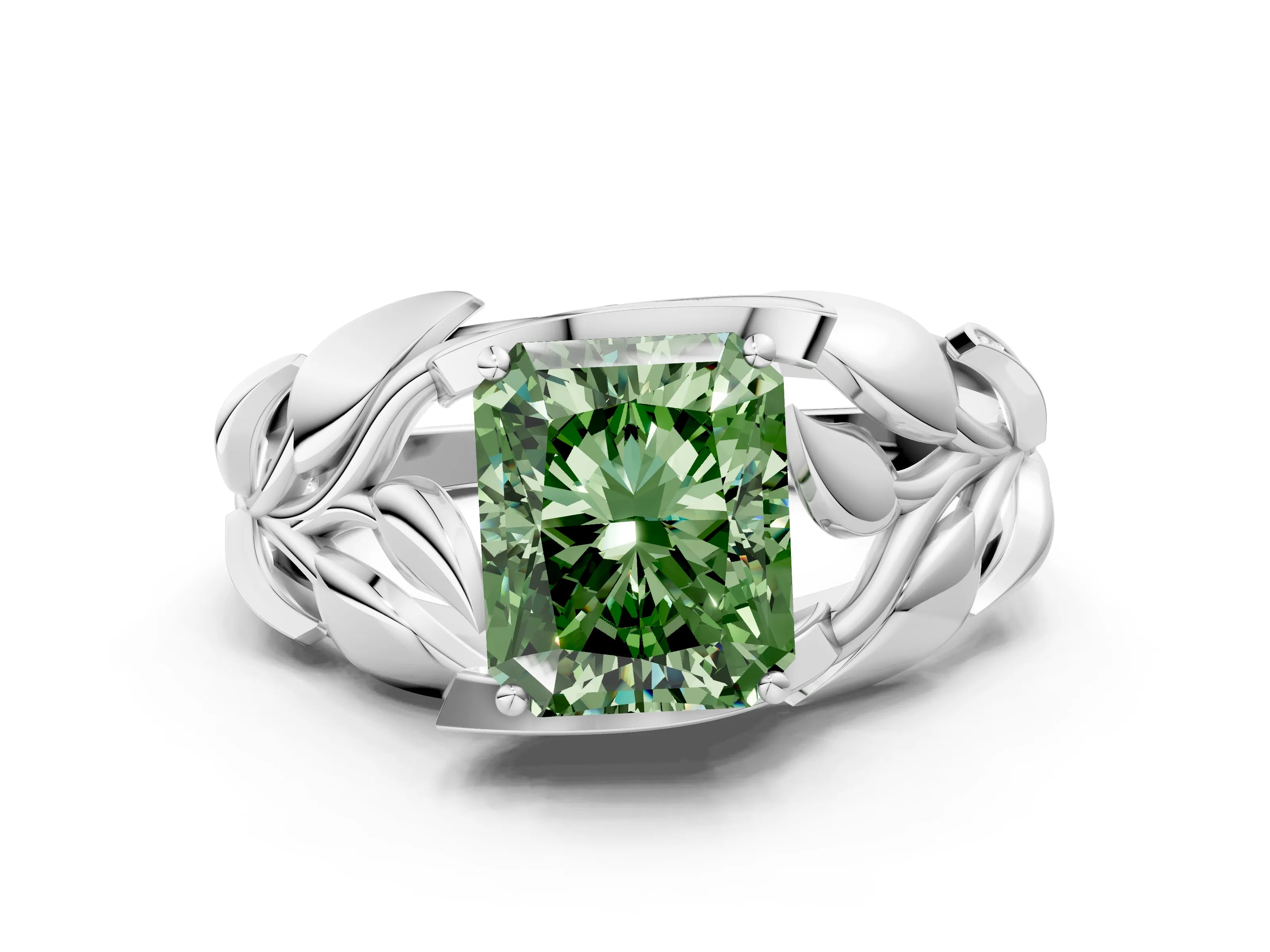 White gold Fancy Green Radiant Cut Solitaire Leaf-Inspired Engagement Ring with Prong Setting