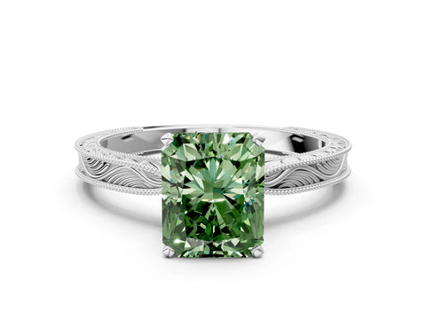 White gold Fancy Green Radiant Cut Solitaire Milgrain Engraved Band with Four-Prong Setting_12