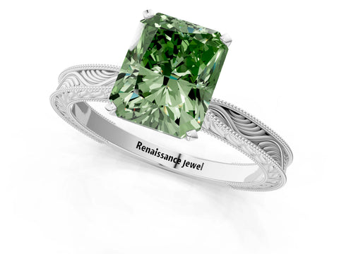 White gold Fancy Green Radiant Cut Solitaire Milgrain Engraved Band with Four-Prong Setting_13