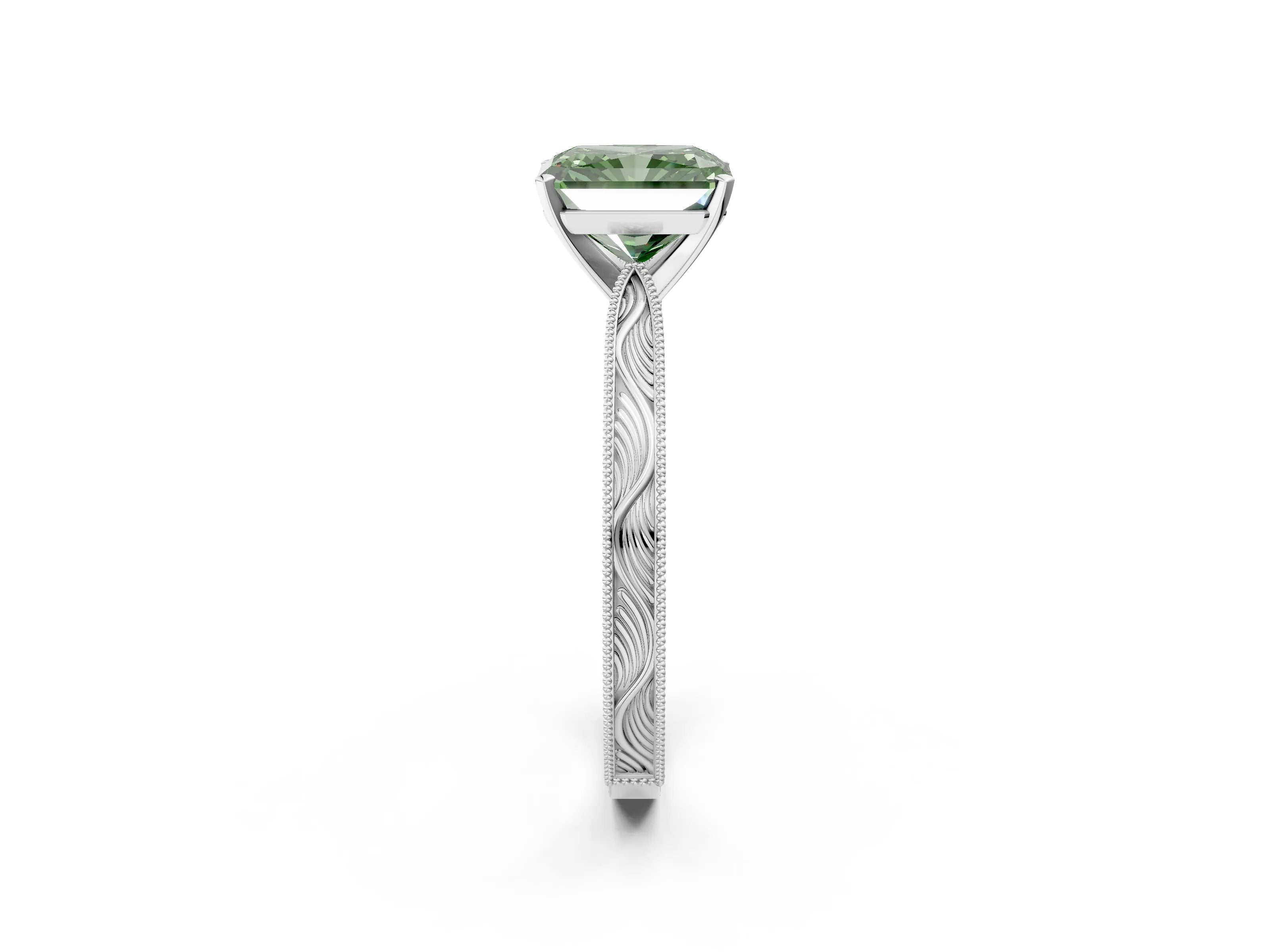 White gold Fancy Green Radiant Cut Solitaire Milgrain Engraved Band with Four-Prong Setting_14