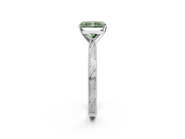 Platinum Radiant Cut Solitaire Engagement Ring Setting for Fancy Green Center with Engraved Band