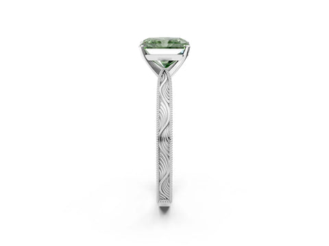 White gold Fancy Green Radiant Cut Solitaire Milgrain Engraved Band with Four-Prong Setting_14