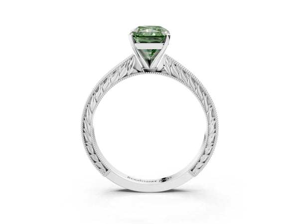 Platinum Radiant Cut Solitaire Engagement Ring Setting for Fancy Green Center with Engraved Band