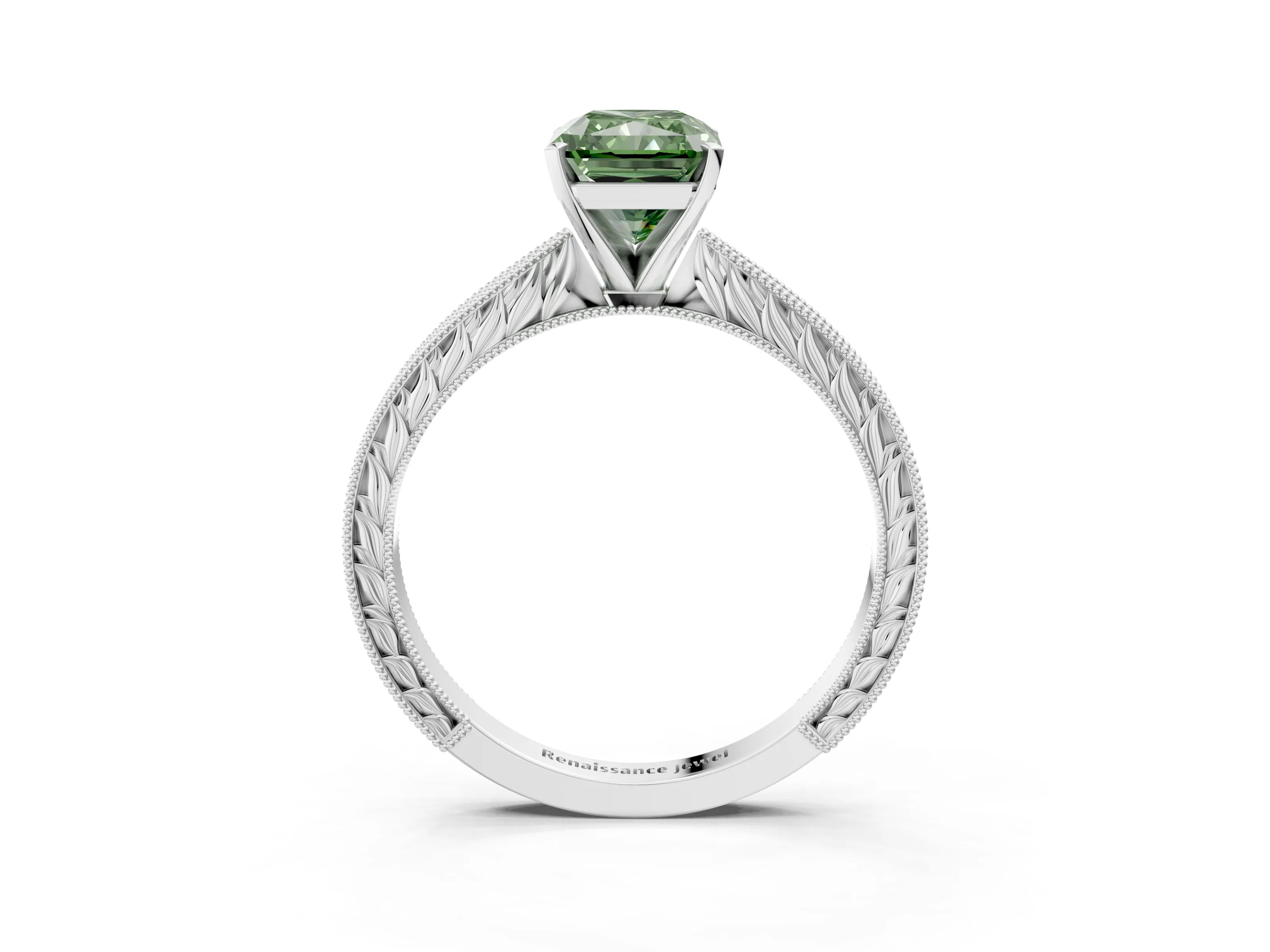 White gold Fancy Green Radiant Cut Solitaire Milgrain Engraved Band with Four-Prong Setting_15