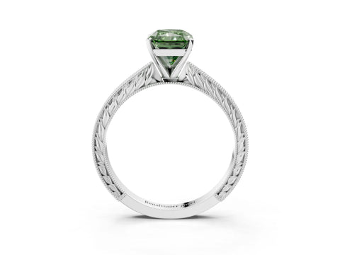 White gold Fancy Green Radiant Cut Solitaire Milgrain Engraved Band with Four-Prong Setting_15