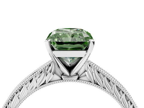 White gold Fancy Green Radiant Cut Solitaire Milgrain Engraved Band with Four-Prong Setting_16