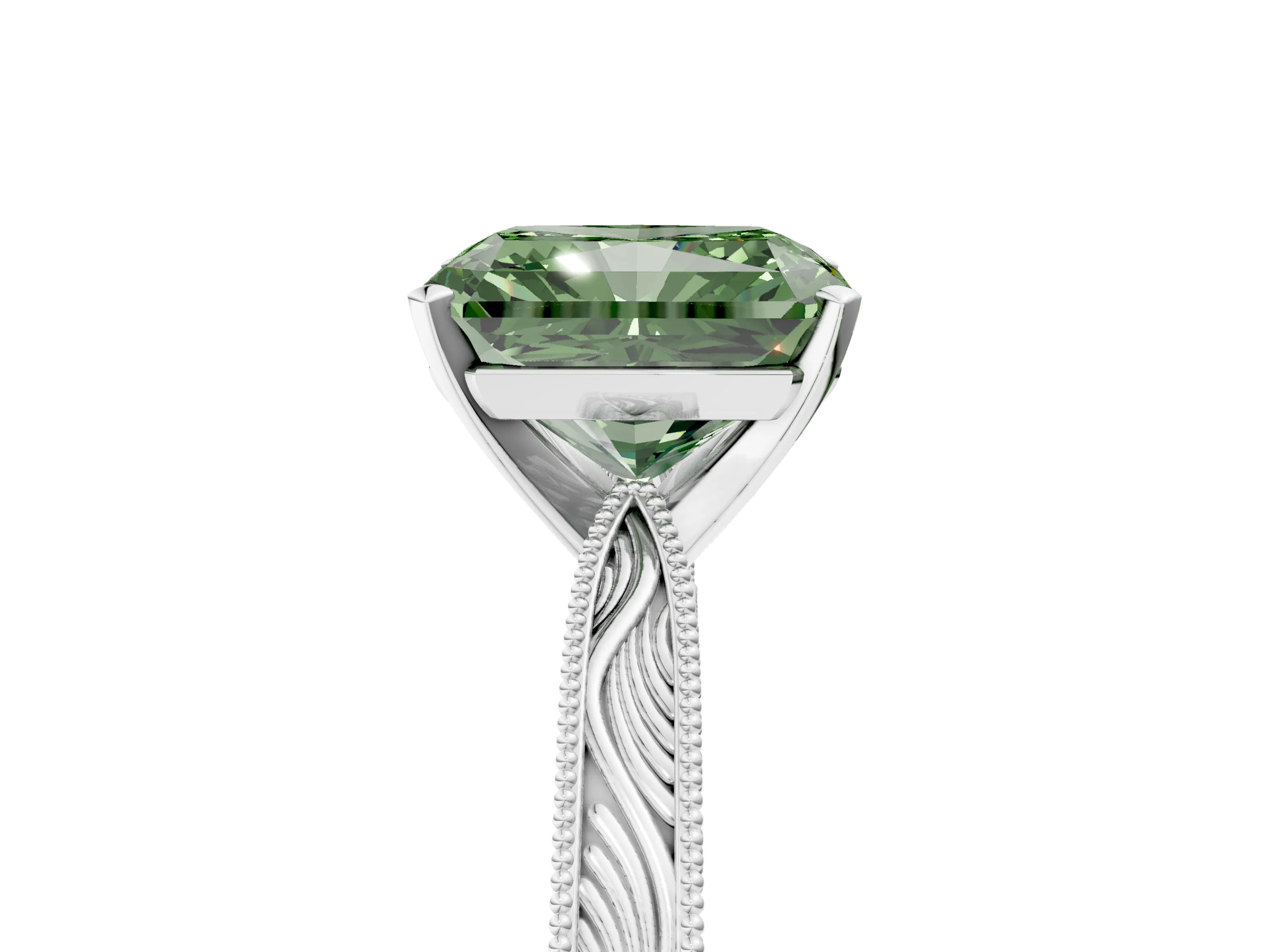White gold Fancy Green Radiant Cut Solitaire Milgrain Engraved Band with Four-Prong Setting_17