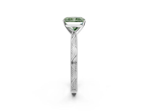 White gold Fancy Green Radiant Cut Solitaire Milgrain Engraved Band with Four-Prong Setting_2