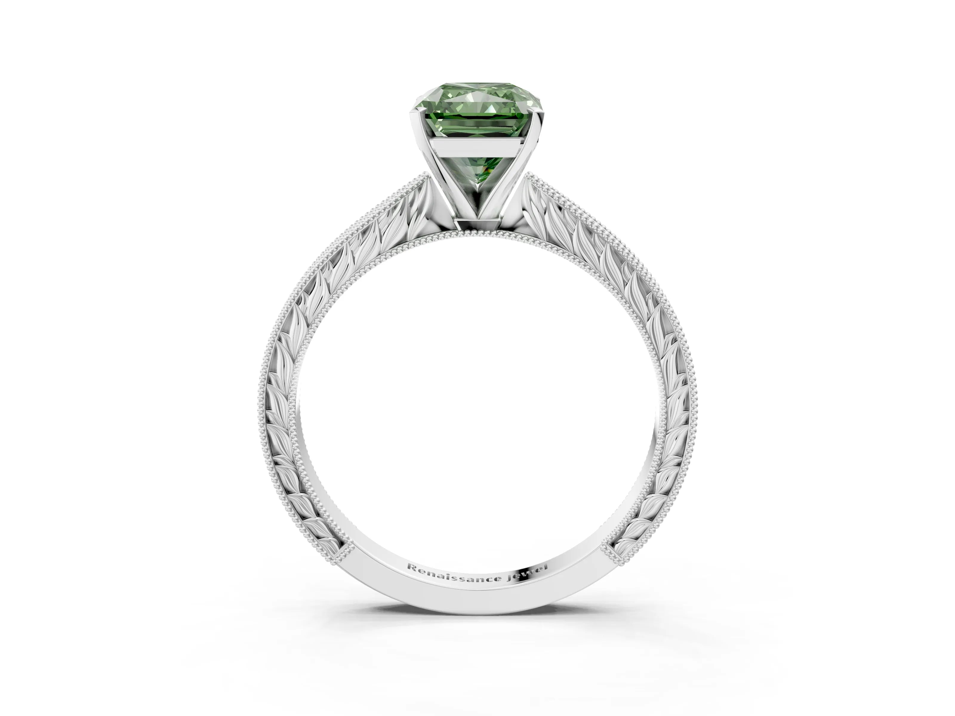 White gold Fancy Green Radiant Cut Solitaire Milgrain Engraved Band with Four-Prong Setting_3