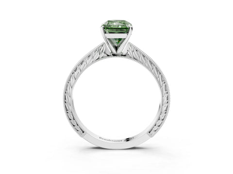 White gold Fancy Green Radiant Cut Solitaire Milgrain Engraved Band with Four-Prong Setting_3