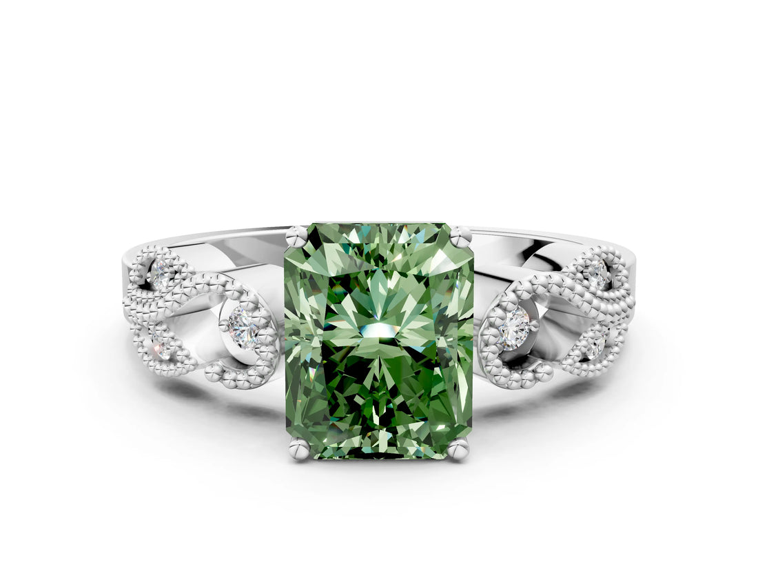 White gold Fancy Green Radiant Cut Solitaire Milgrain Leaf Band with Prong Setting_12