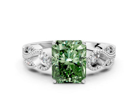 White gold Fancy Green Radiant Cut Solitaire Milgrain Leaf Band with Prong Setting_12