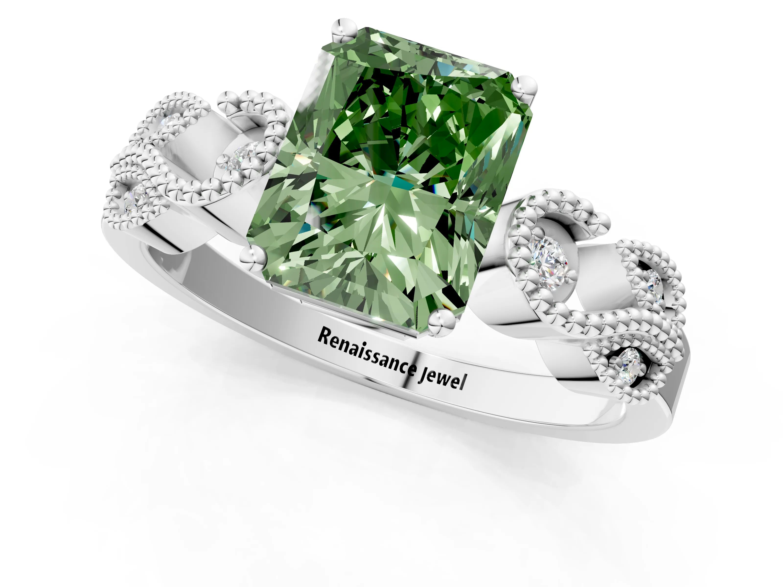 White gold Fancy Green Radiant Cut Solitaire Milgrain Leaf Band with Prong Setting_13