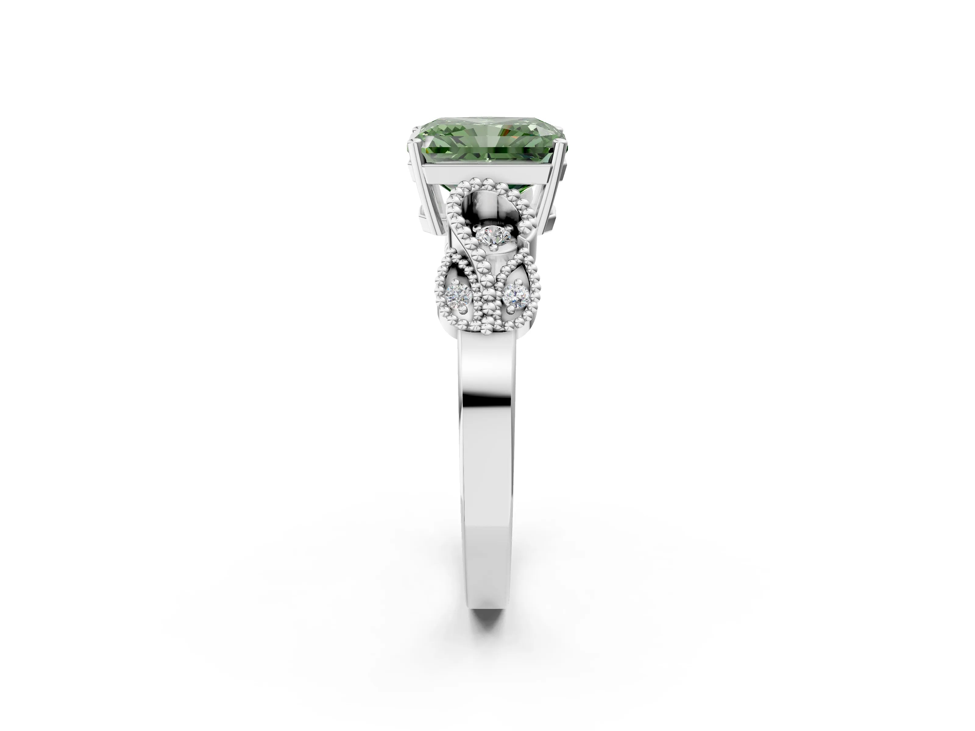 White gold Fancy Green Radiant Cut Solitaire Milgrain Leaf Band with Prong Setting_14