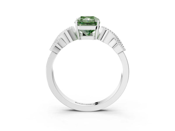 Platinum Fancy Green Radiant Cut Solitaire Milgrain Leaf Band with Prong Setting
