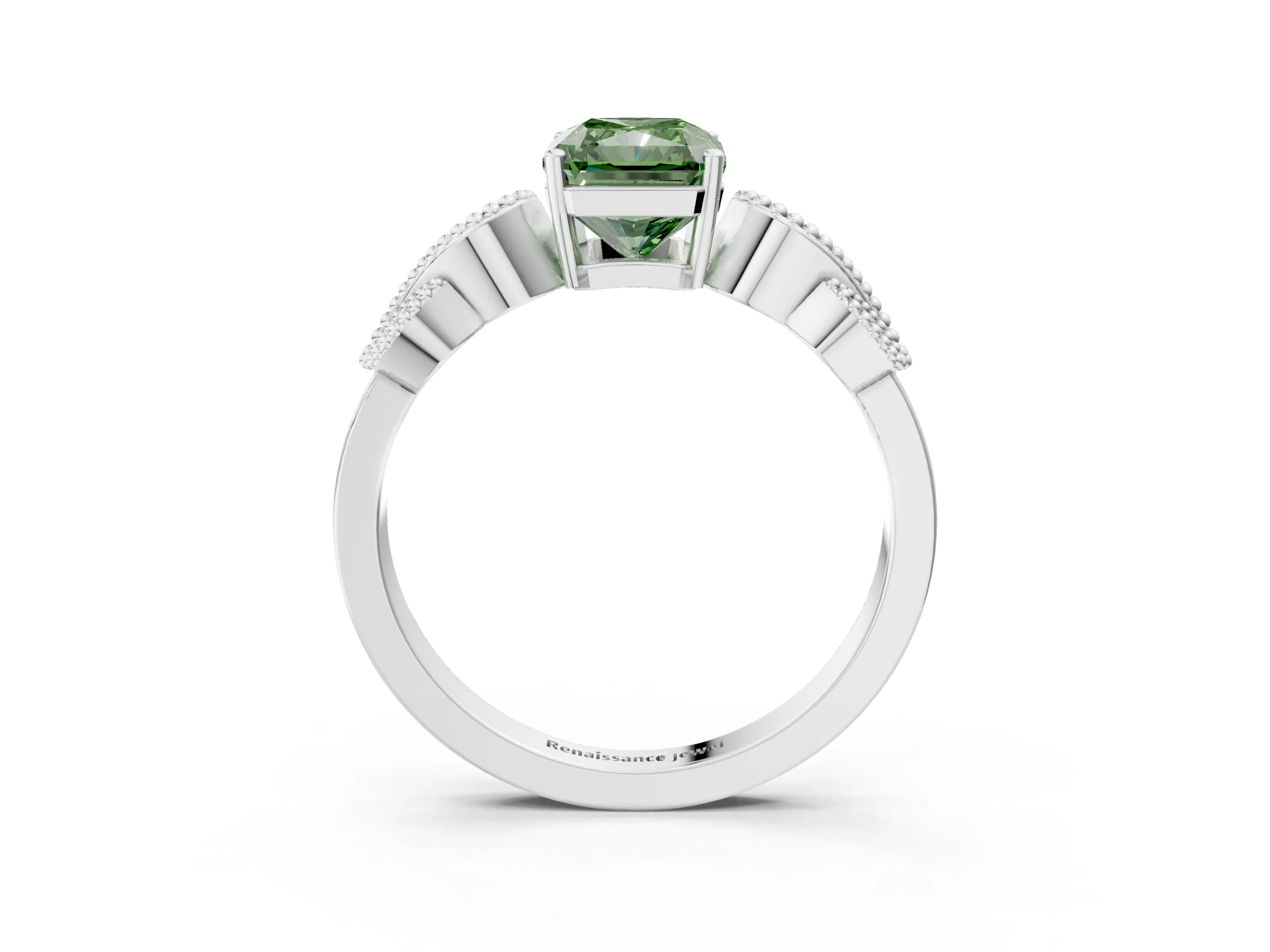 White gold Fancy Green Radiant Cut Solitaire Milgrain Leaf Band with Prong Setting_15