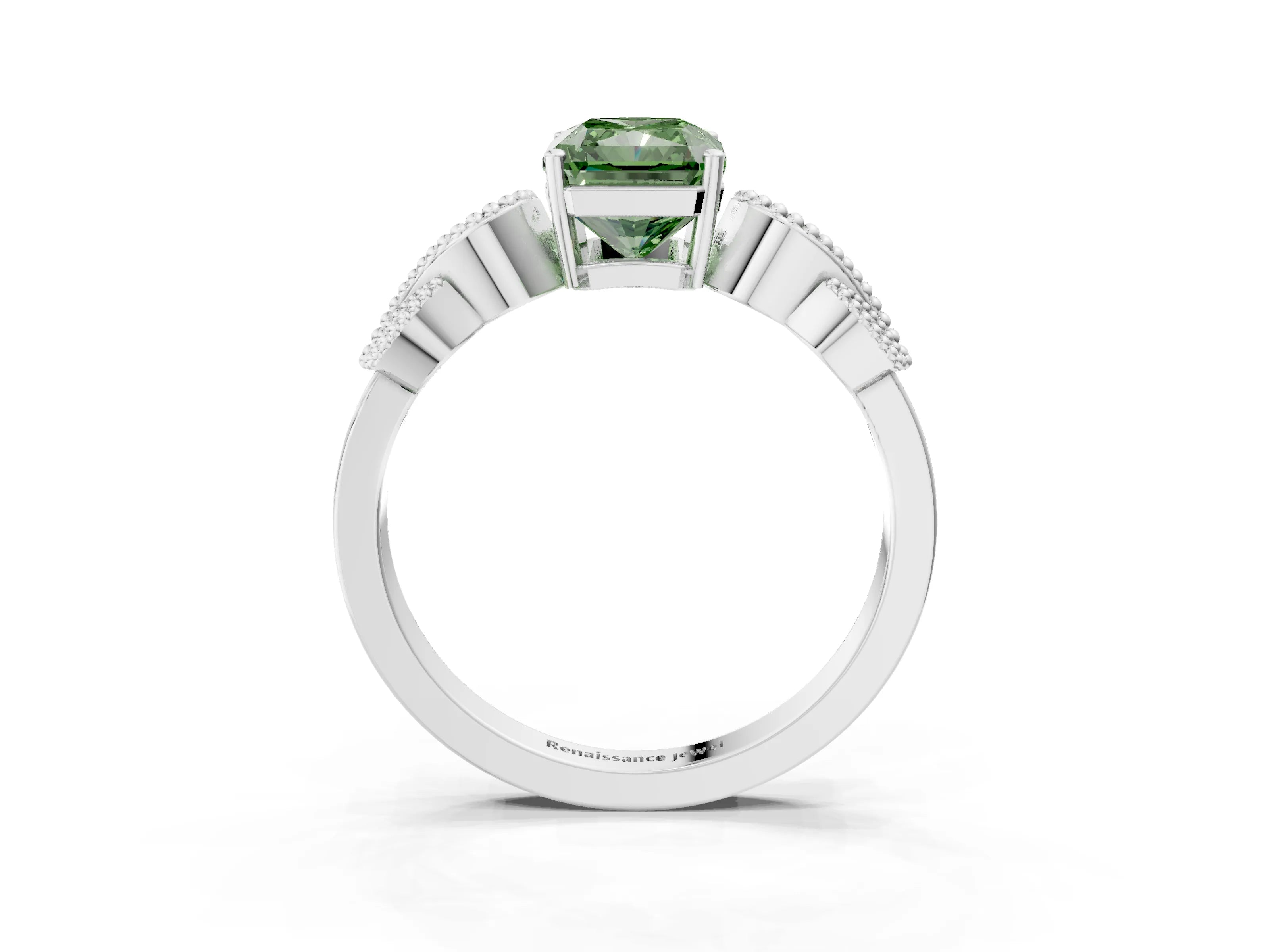 White gold Fancy Green Radiant Cut Solitaire Milgrain Leaf Band with Prong Setting_3