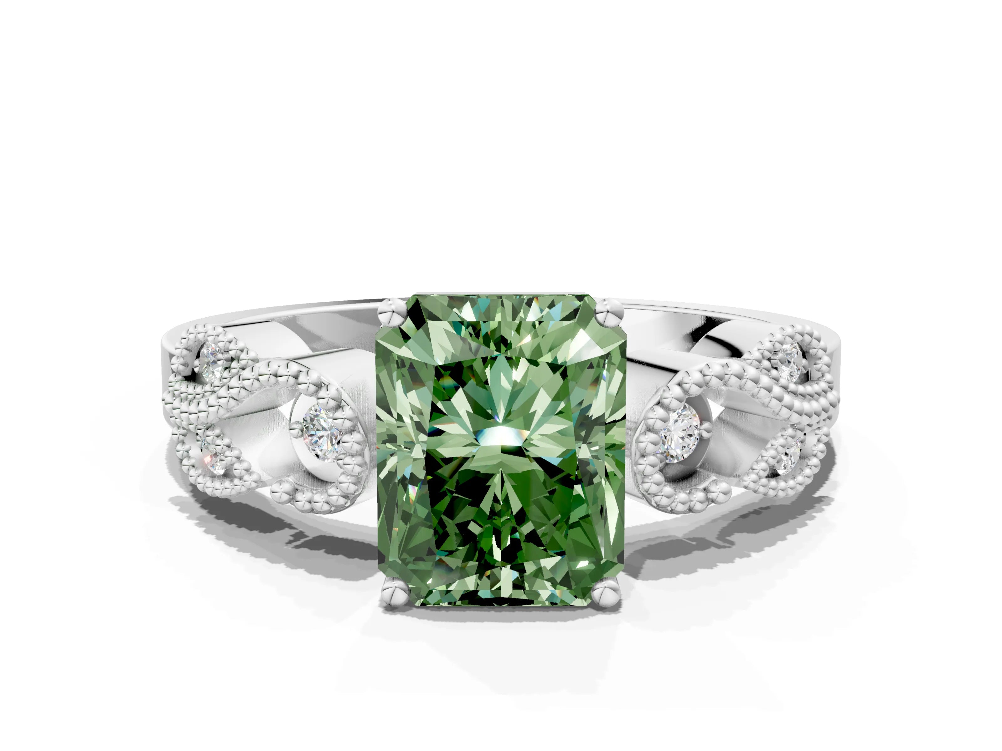 White gold Fancy Green Radiant Cut Solitaire Milgrain Leaf Band with Prong Setting
