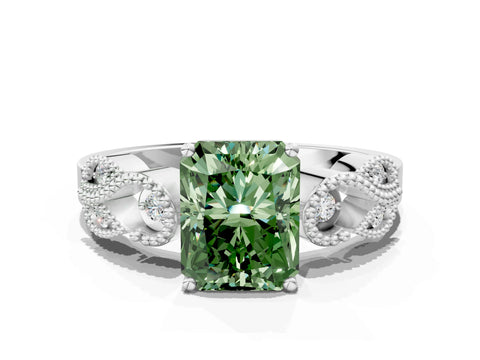 White gold Fancy Green Radiant Cut Solitaire Milgrain Leaf Band with Prong Setting