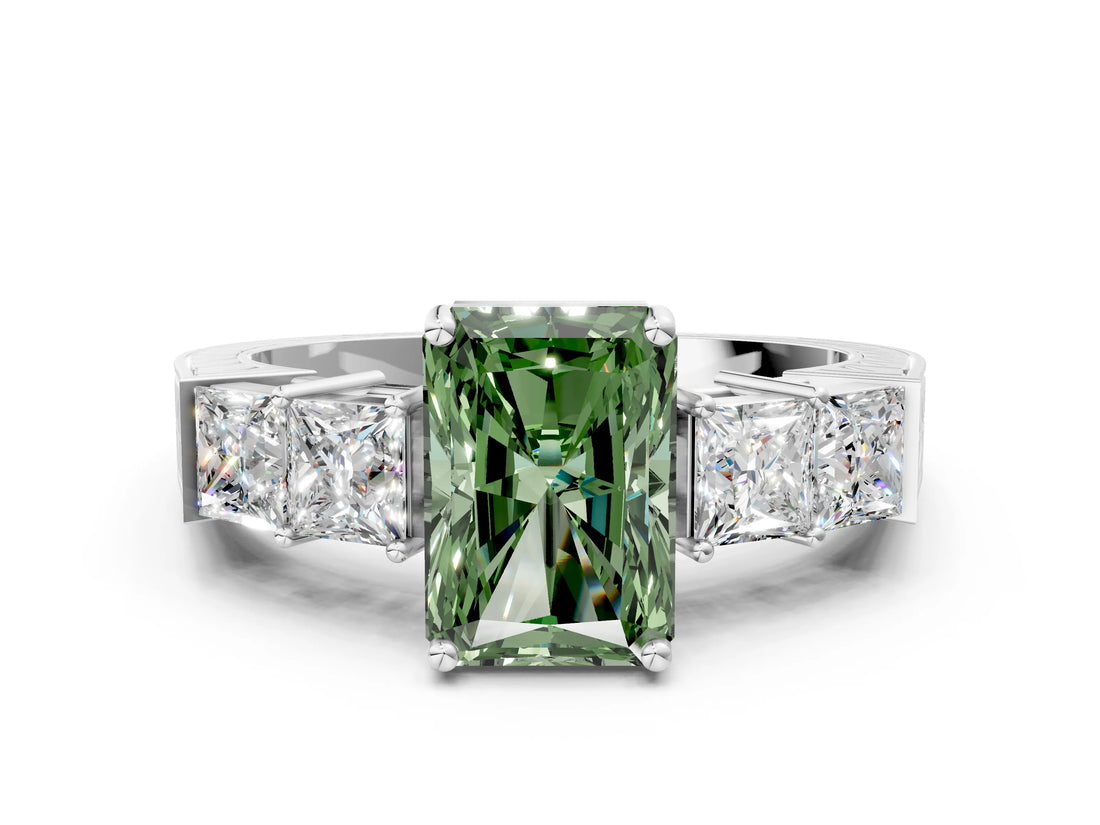 White gold Fancy Green Radiant Cut Solitaire Princess Side Stone Engraved Band Prong Setting Ring_12