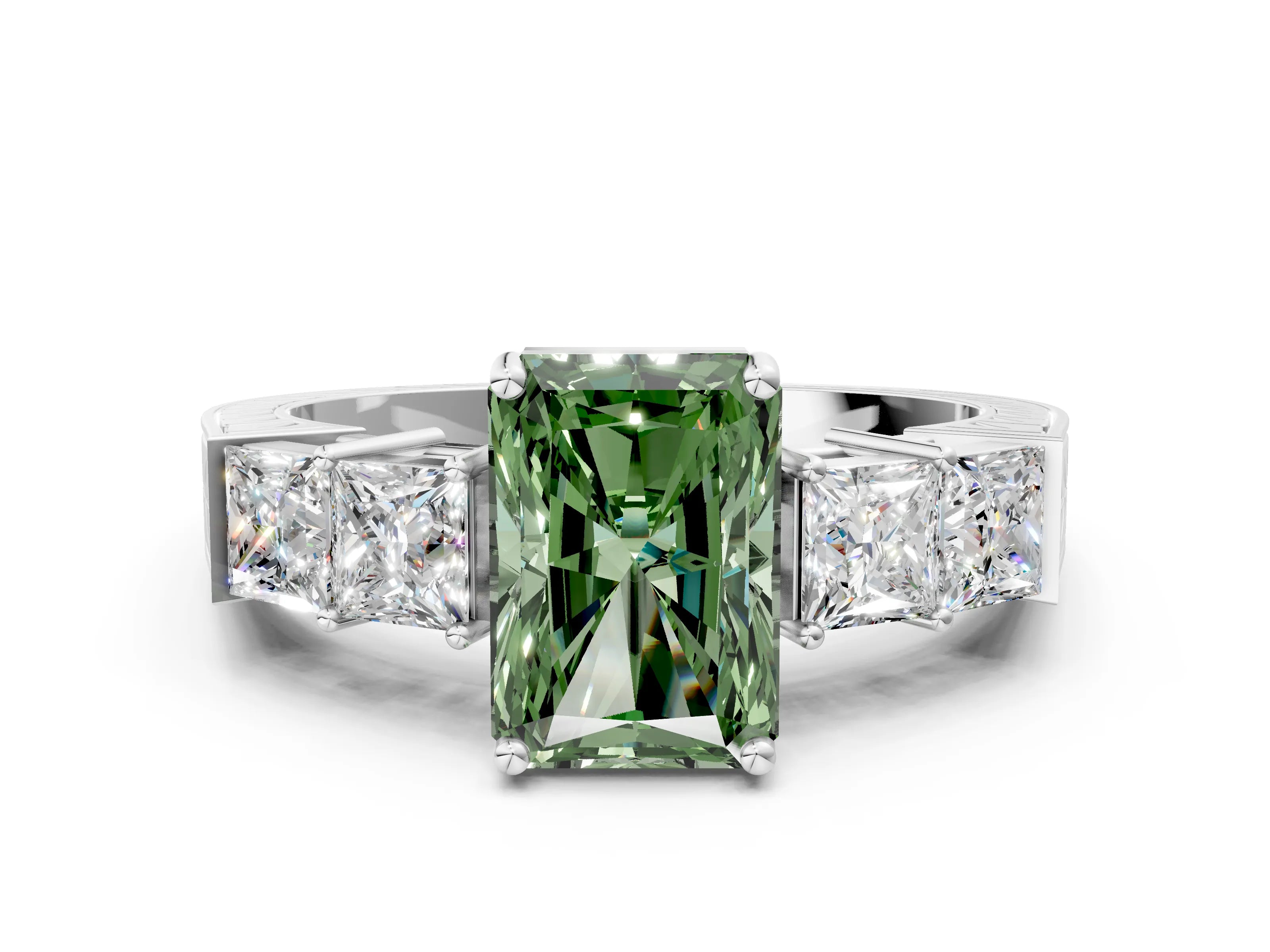 White gold Fancy Green Radiant Cut Solitaire Princess Side Stone Engraved Band Prong Setting Ring_12
