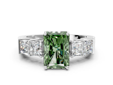 White gold Fancy Green Radiant Cut Solitaire Princess Side Stone Engraved Band Prong Setting Ring_12