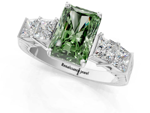 White gold Fancy Green Radiant Cut Solitaire Princess Side Stone Engraved Band Prong Setting Ring_13