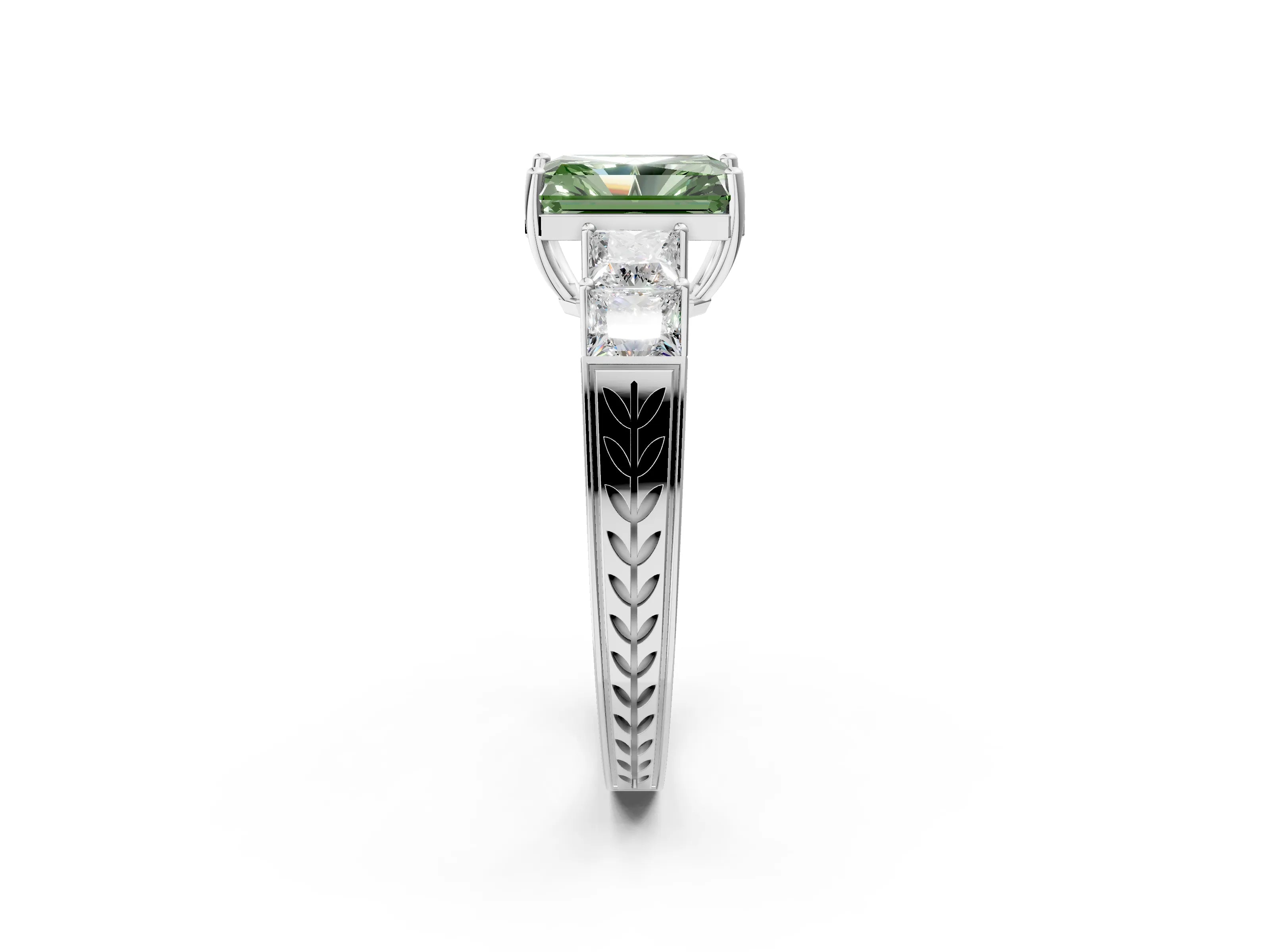 White gold Fancy Green Radiant Cut Solitaire Princess Side Stone Engraved Band Prong Setting Ring_14