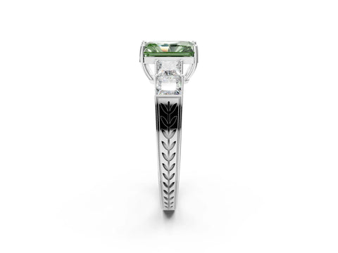 White gold Fancy Green Radiant Cut Solitaire Princess Side Stone Engraved Band Prong Setting Ring_14