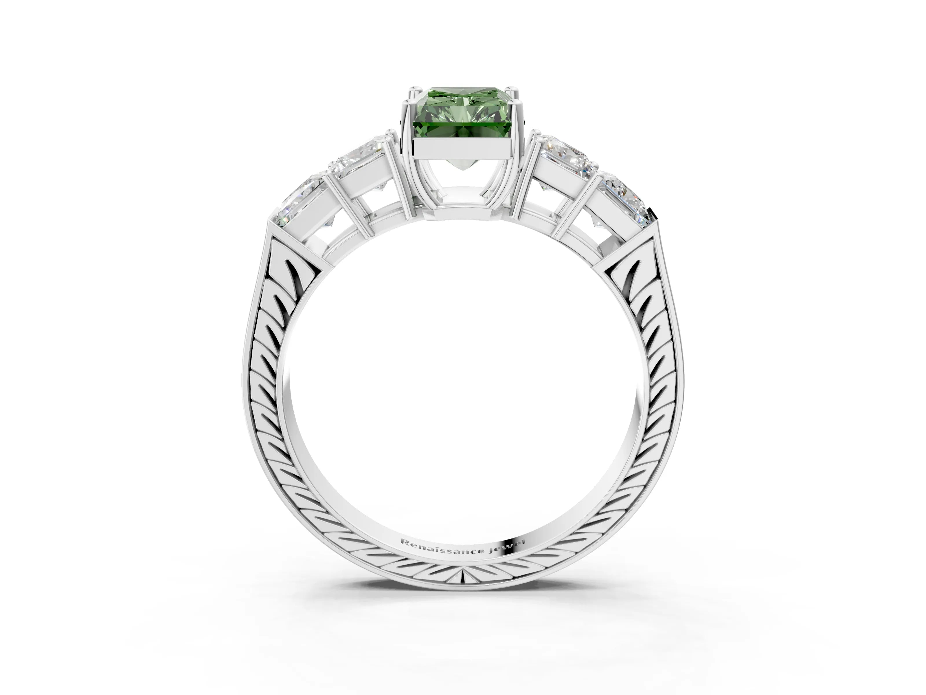 White gold Fancy Green Radiant Cut Solitaire Princess Side Stone Engraved Band Prong Setting Ring_15