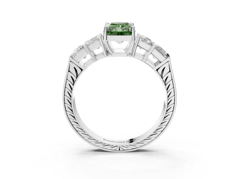White gold Fancy Green Radiant Cut Solitaire Princess Side Stone Engraved Band Prong Setting Ring_15
