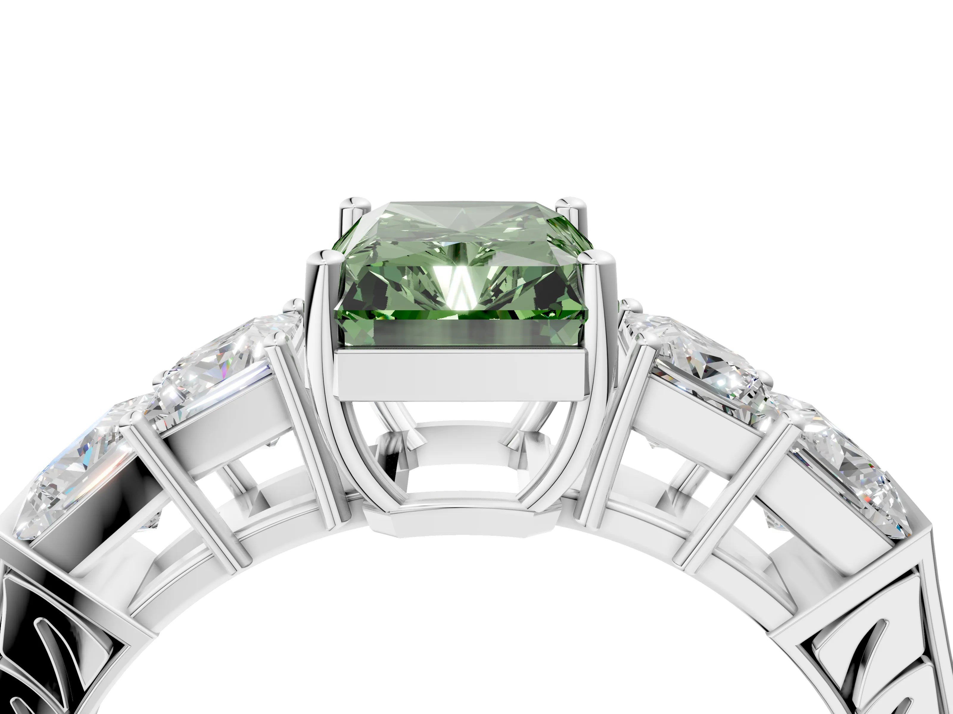 White gold Fancy Green Radiant Cut Solitaire Princess Side Stone Engraved Band Prong Setting Ring_16