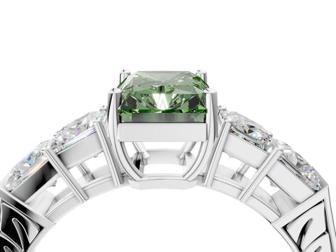 White gold Fancy Green Radiant Cut Solitaire Princess Side Stone Engraved Band Prong Setting Ring_16