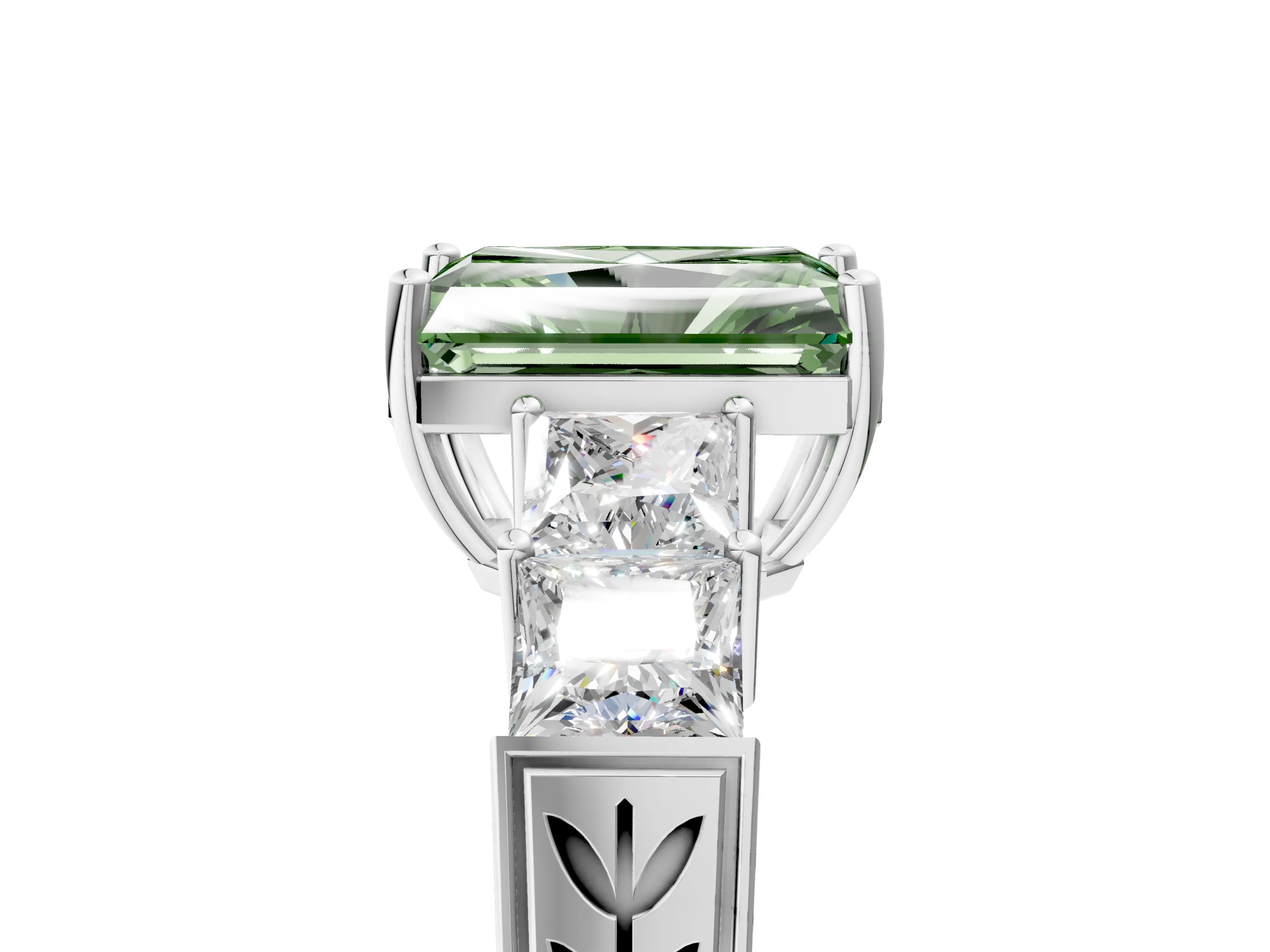White gold Fancy Green Radiant Cut Solitaire Princess Side Stone Engraved Band Prong Setting Ring_17