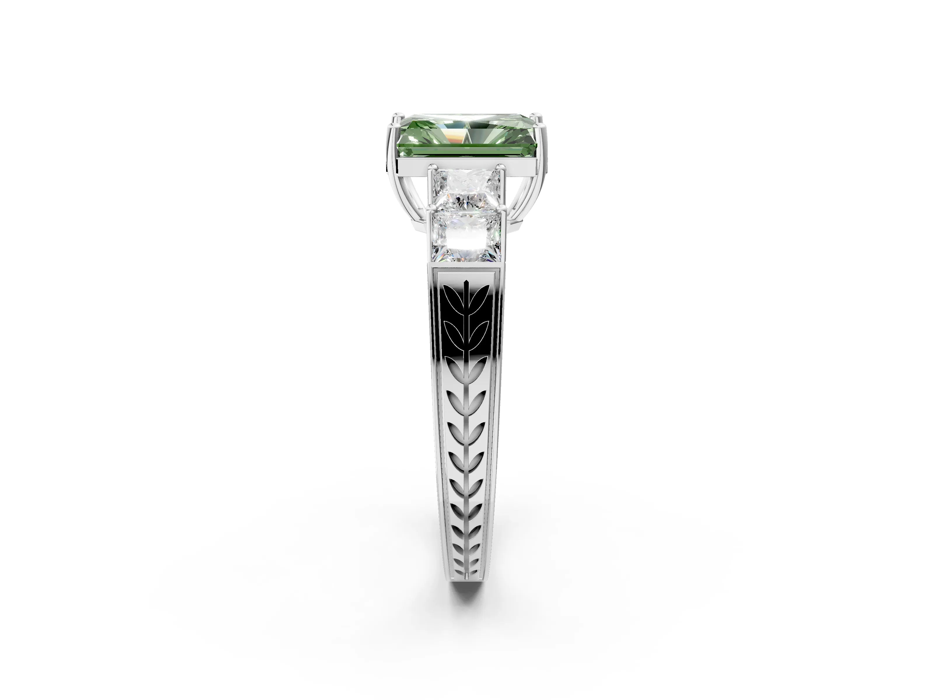 White gold Fancy Green Radiant Cut Solitaire Princess Side Stone Engraved Band Prong Setting Ring_2