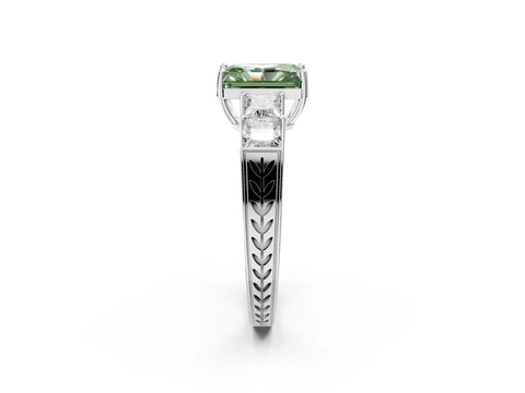 White gold Fancy Green Radiant Cut Solitaire Princess Side Stone Engraved Band Prong Setting Ring_2