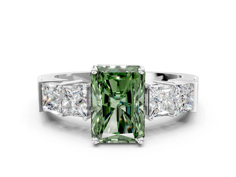 White gold Fancy Green Radiant Cut Solitaire Princess Side Stone Engraved Band Prong Setting Ring