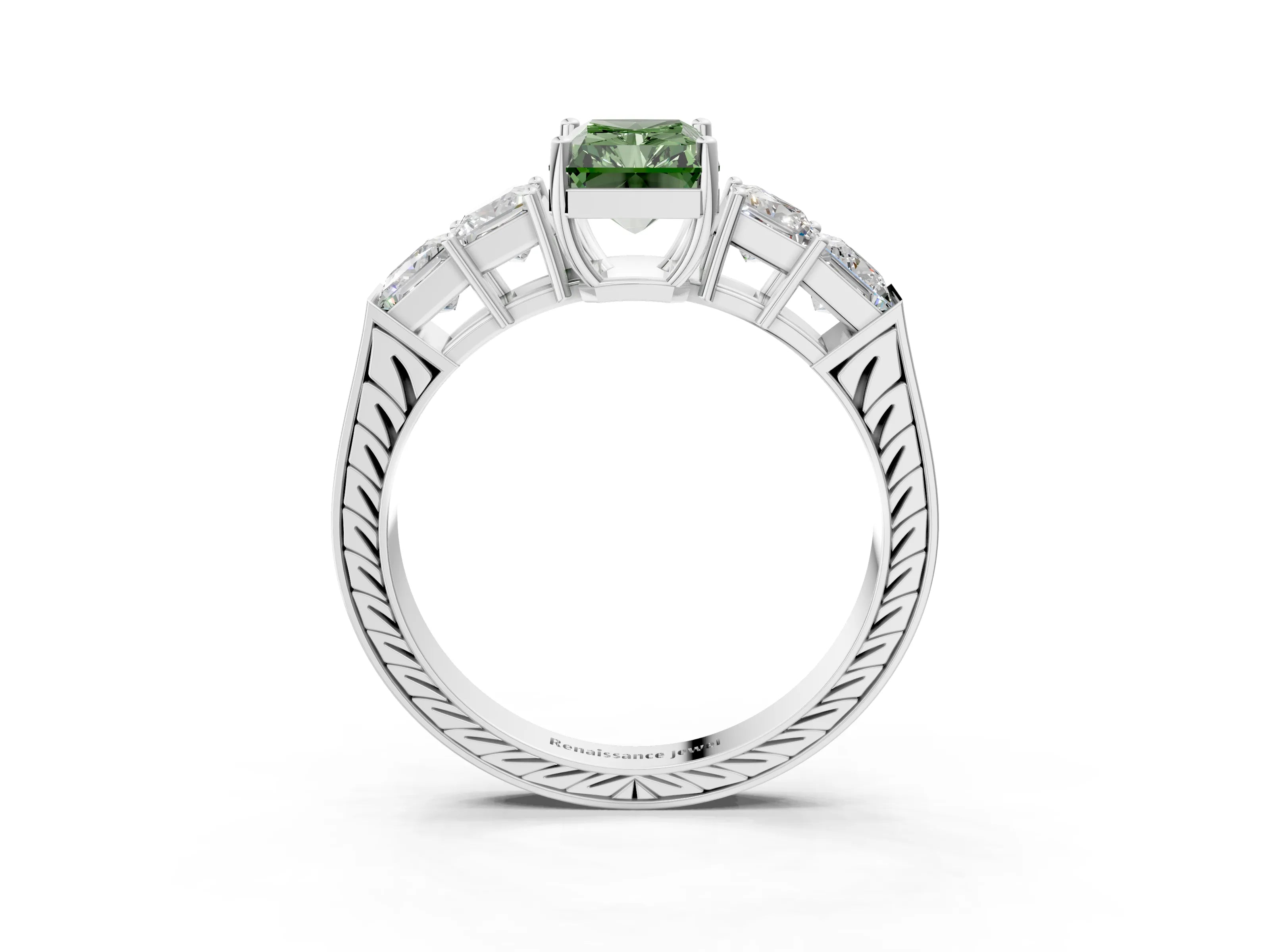 White gold Fancy Green Radiant Cut Solitaire Princess Side Stone Engraved Band Prong Setting Ring_3