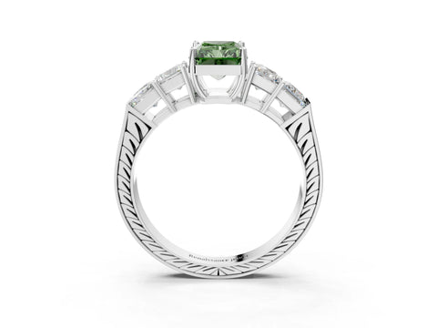 White gold Fancy Green Radiant Cut Solitaire Princess Side Stone Engraved Band Prong Setting Ring_3